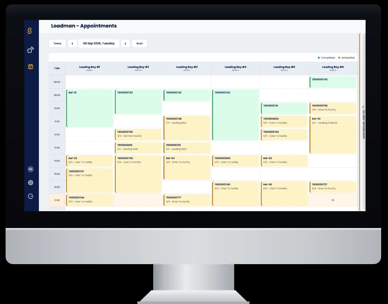 Loadman Appointments calendar showing scheduled and completed truck appointments across six loading bays