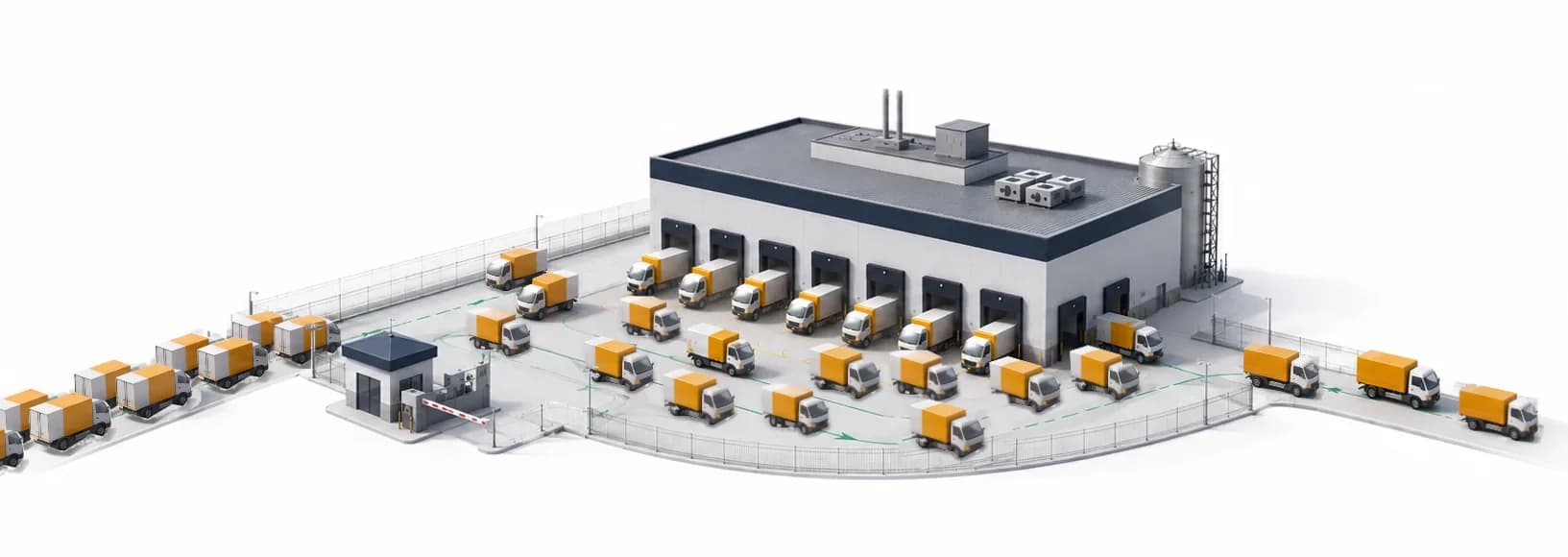 A shipper facility without truck scheduling: a long queue of trucks waits outside the gate while the yard is congested.