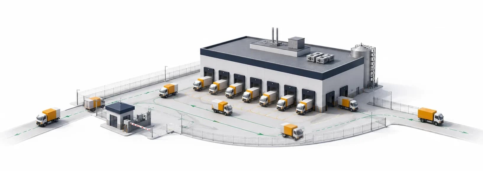The same facility with Loadman: trucks arrive on schedule, follow marked lanes to assigned loading bays and leave without queuing.